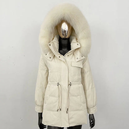 Women's winter parka jacket with fur hood and drawstring waist