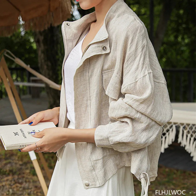 Damen Leichte Jacke Beige Kragen Kurzarm