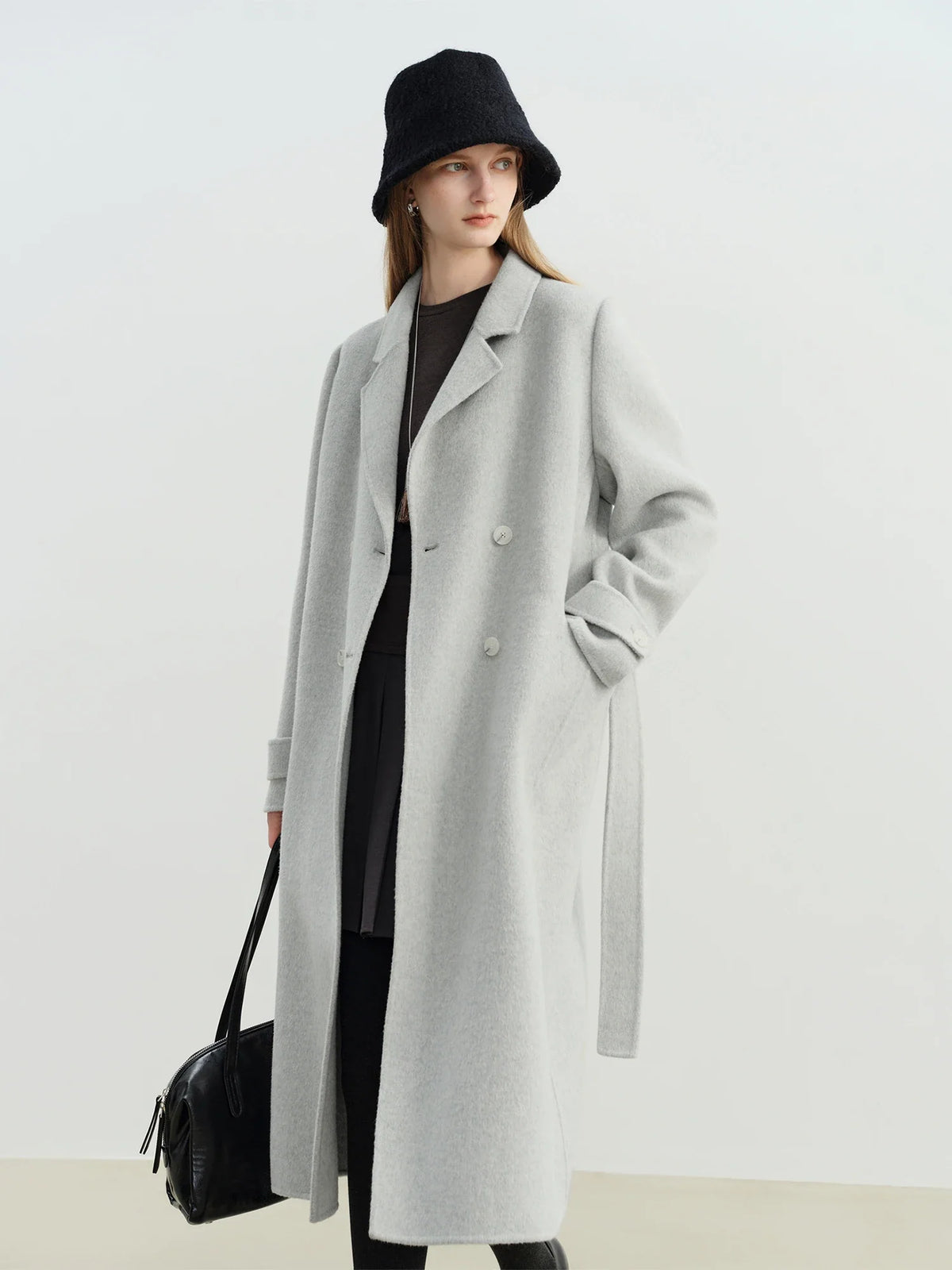Women's long double-breasted coat in a wool-look fabric, available in gray, brown, or beige