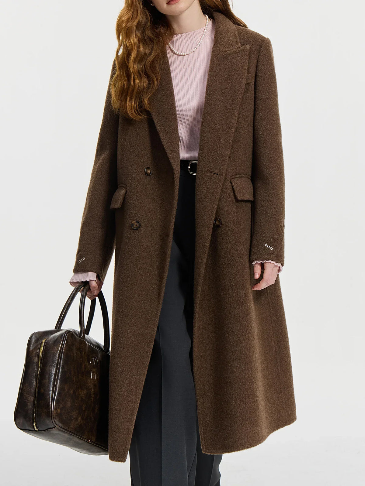 Women's long double-breasted coat with notched lapel