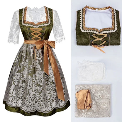 Dirndl Grün Weiß mit Spitzenbluse und Satinband