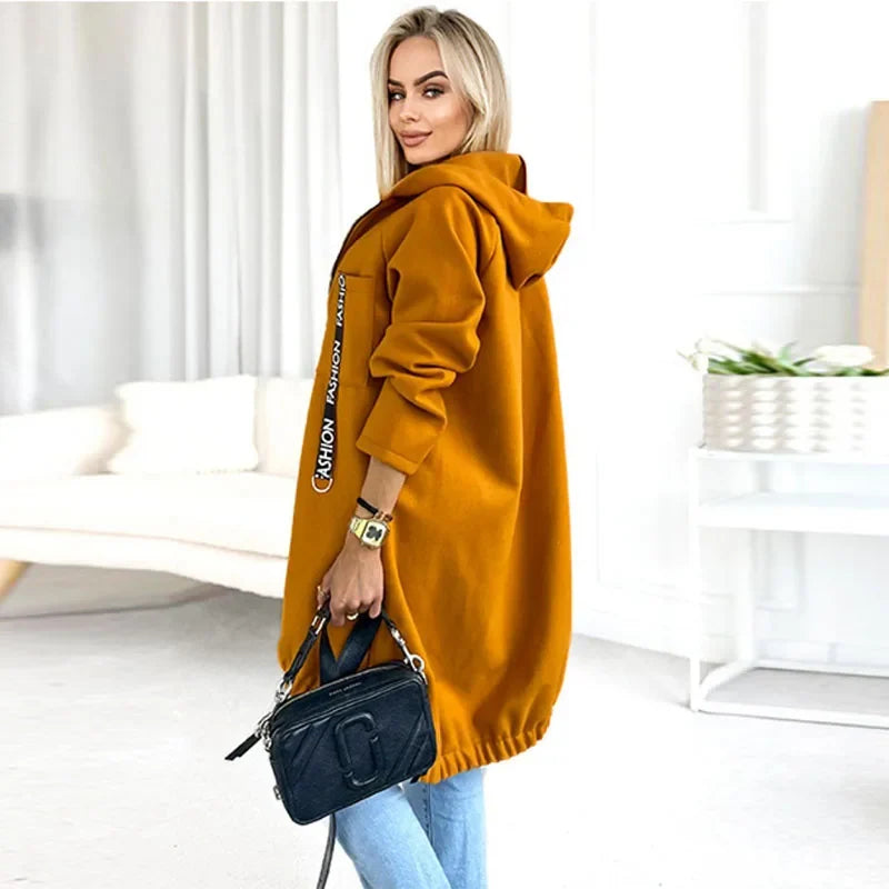 Women's long hooded jacket with zipper, solid color, relaxed fit