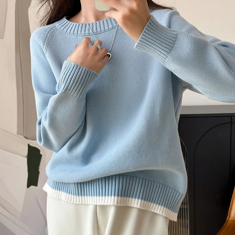 Women's crew-neck long-sleeve knit sweater with ribbed cuffs, light blue