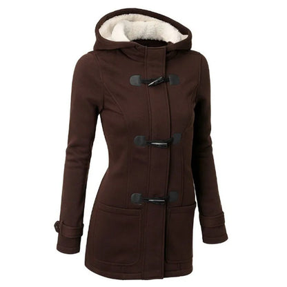 Women's winter coat with hood and toggle closure, warmly lined