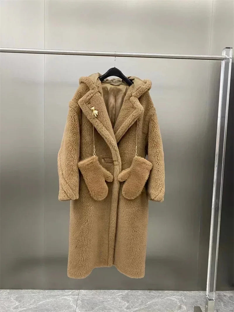 Women's long teddy coat with hood & teddy brooch