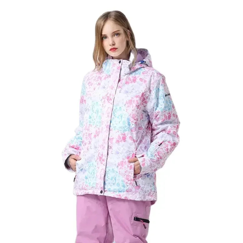Women's winter ski jacket with hood, colorful pattern, outdoor