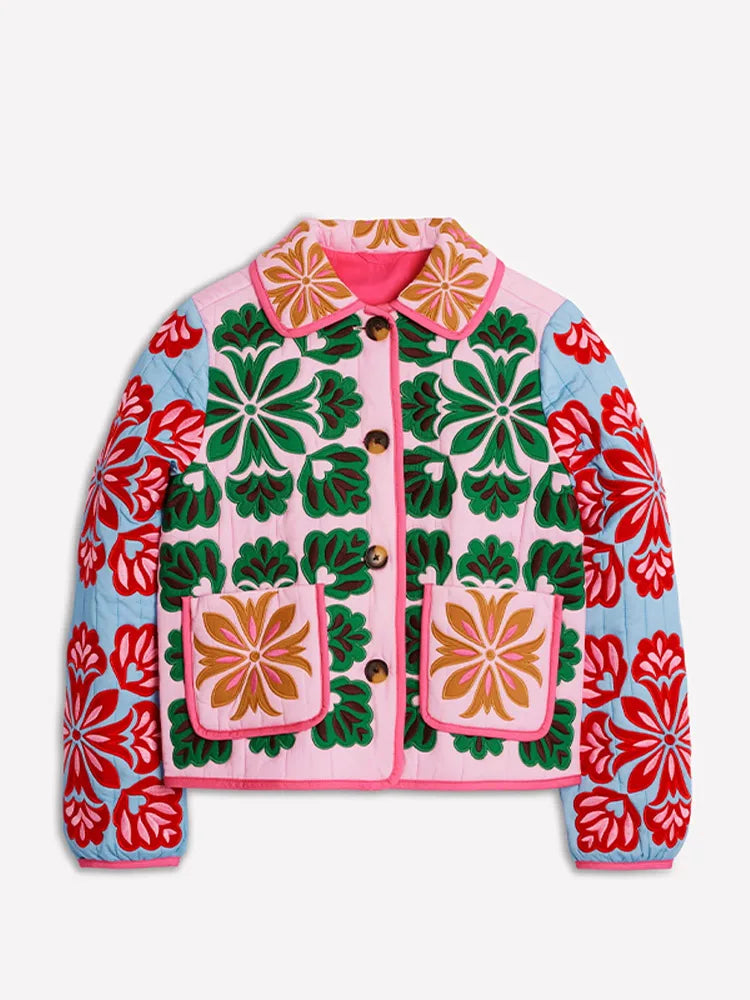 Women's colorful quilted jacket with floral embroidery, pink, blue, green, red, short quilted jacket