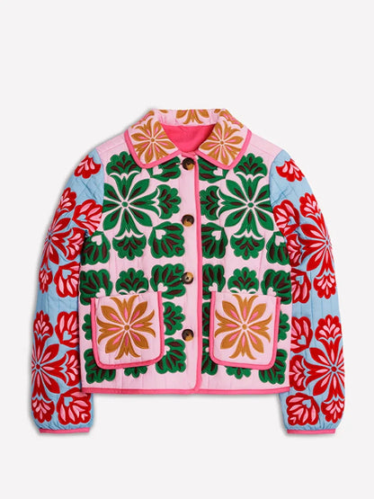 Women's colorful quilted jacket with floral embroidery, pink, blue, green, red, short quilted jacket