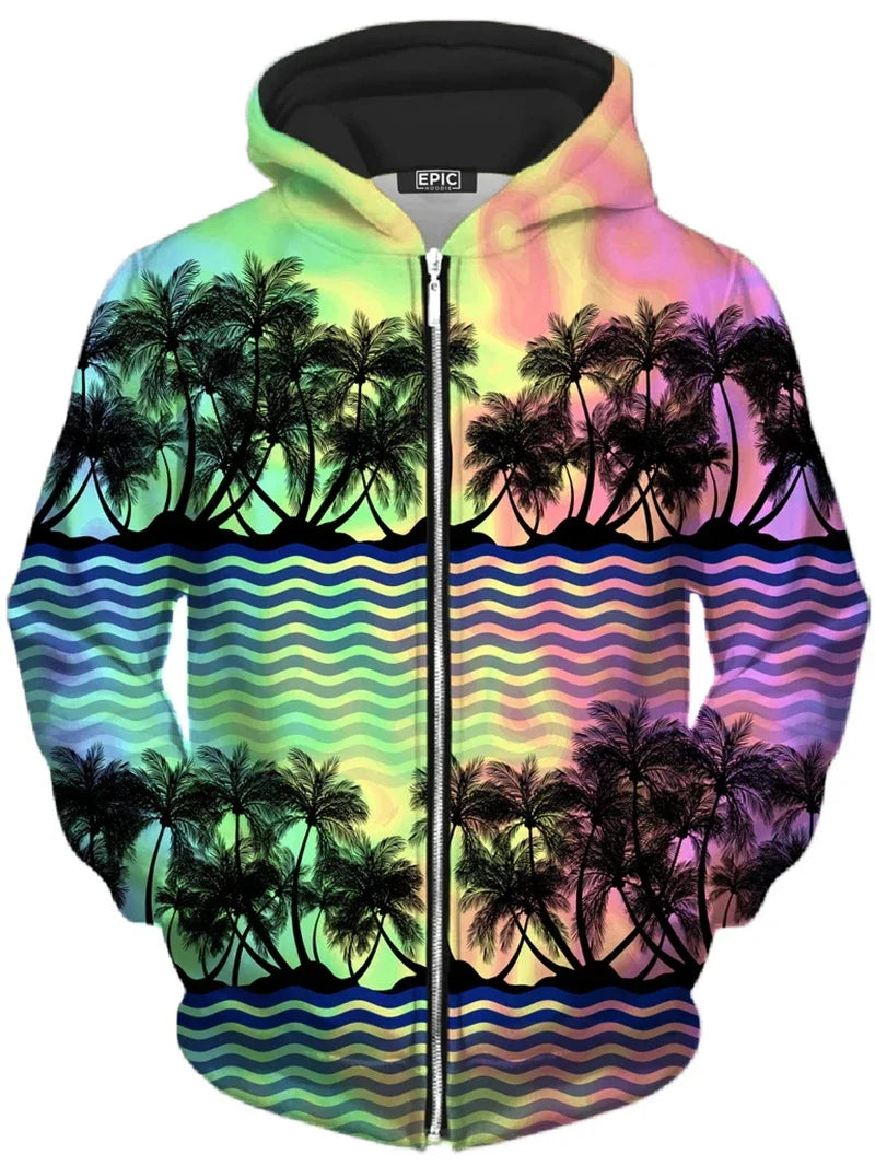 Zip-Up Hoodie with Colorful Tree Print