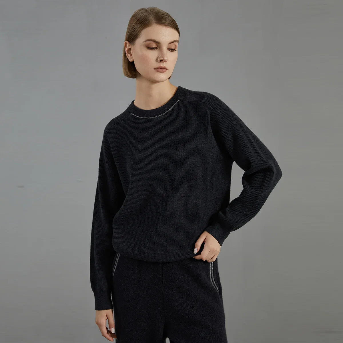 Women's ribbed crew-neck knit sweater