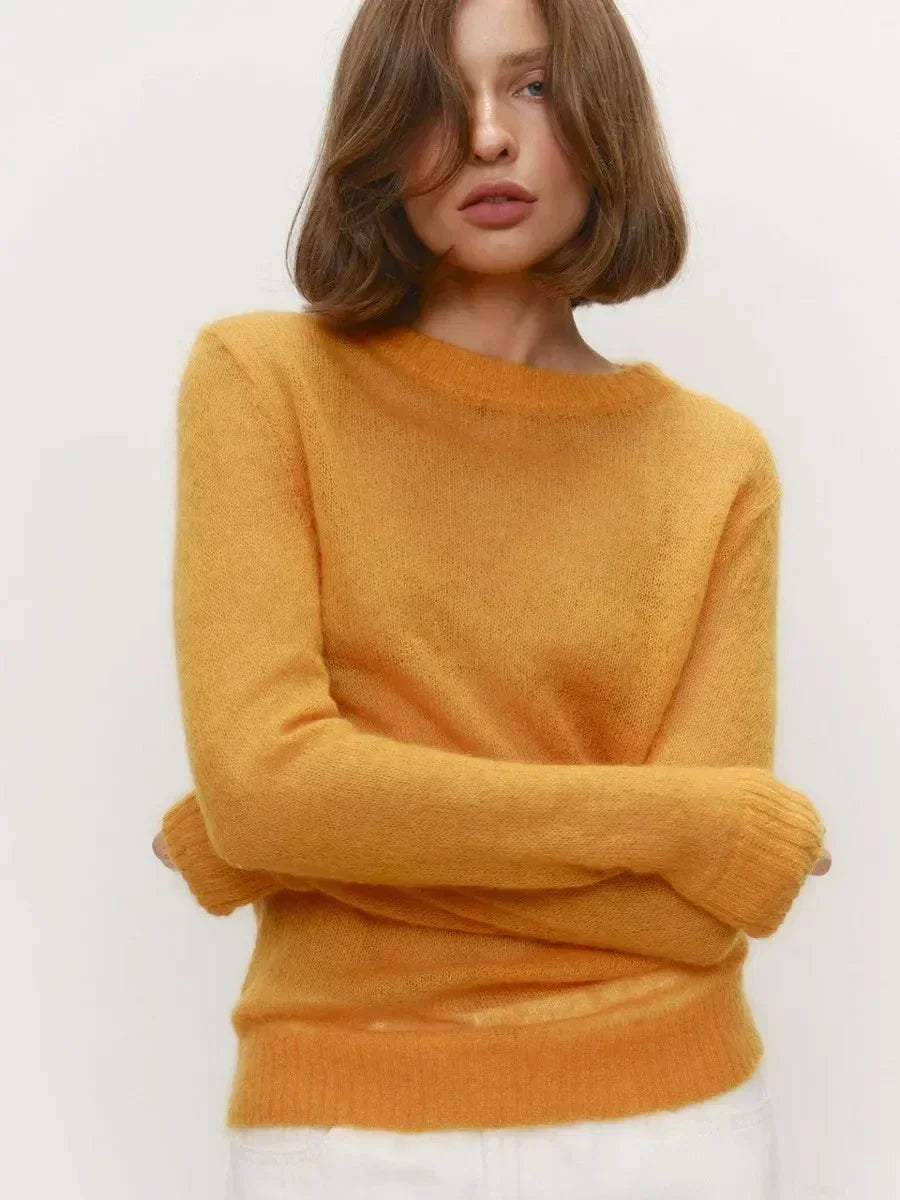 Damen Pullover leicht transparent Feinstrick Rundhals Langarm