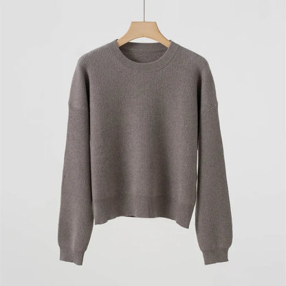 Women's Ribbed Crew-Neck Long-Sleeved Knit Sweater in Red-Brown
