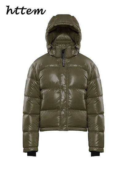 Women's shiny olive green quilted jacket with hood