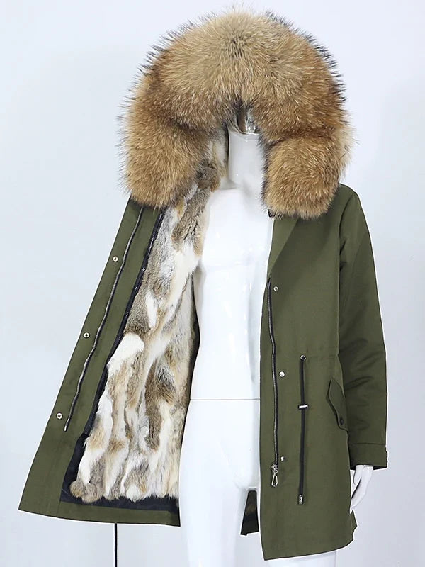 Women's winter parka with hood and fur trim, warm jacket, unisex