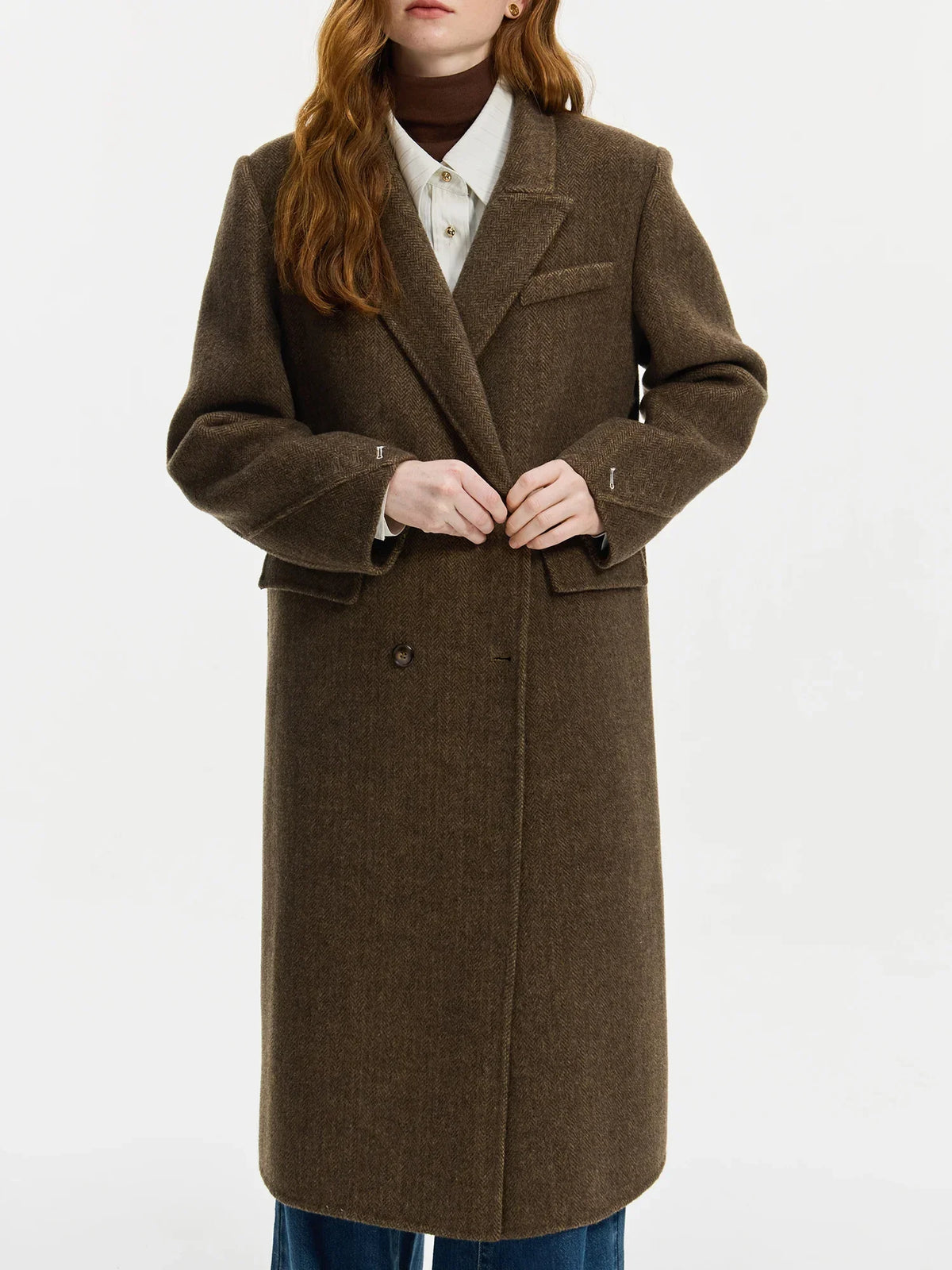 Women's long double-breasted coat with notched lapel