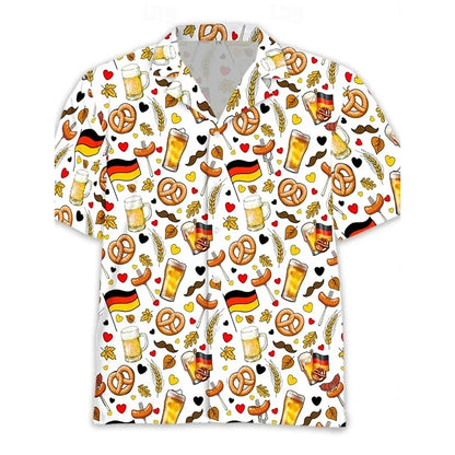 Men's Oktoberfest shirt, short sleeves, beer, pretzel, and sausage design