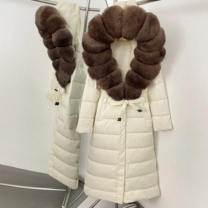 Damen Winter Steppmantel Lang mit Kunstfellkragen Bindegürtel