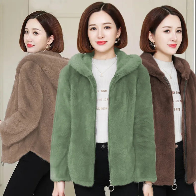 Women's Short Hooded Jacket, Plush Look, Green, Soft