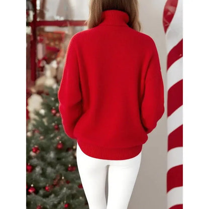 Women's red Christmas sweater with stand-up collar & "Merry" lettering, long sleeves