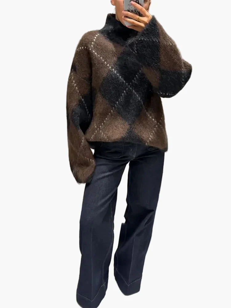 Damen Oversize Strickpullover mit Argyle-Muster – Modischer Freizeit-Look für Herbst und Winter