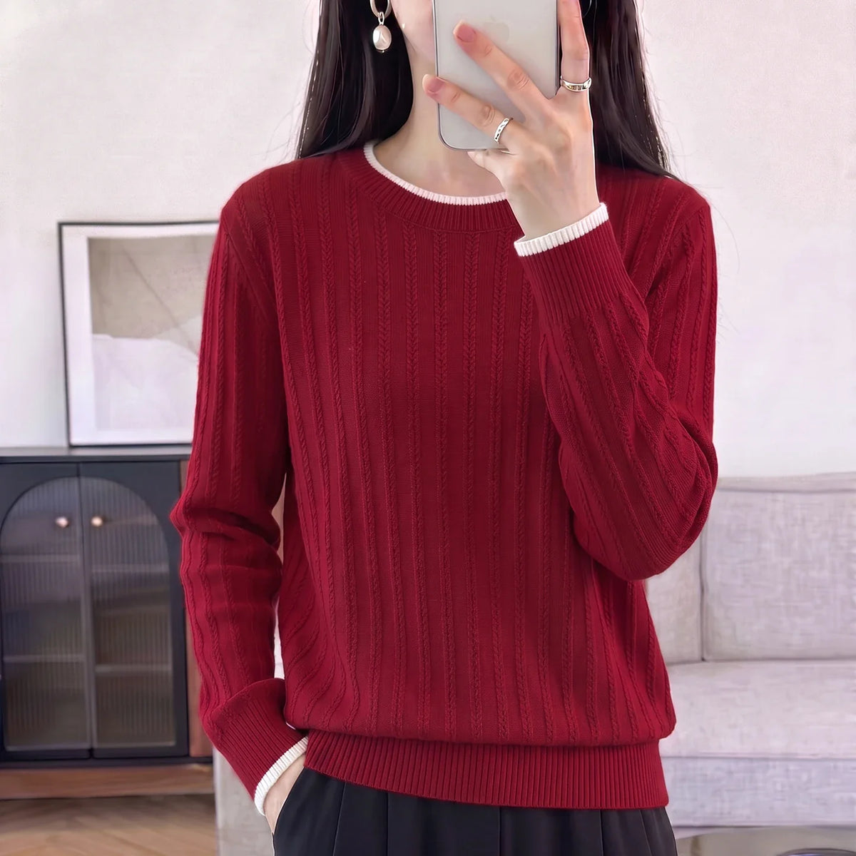 Women's ribbed knit sweater, long sleeves, crew neck, two-tone light blue