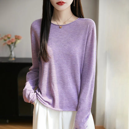 Damen Langarmshirt Rundhals Feinstrick Pullover Violett