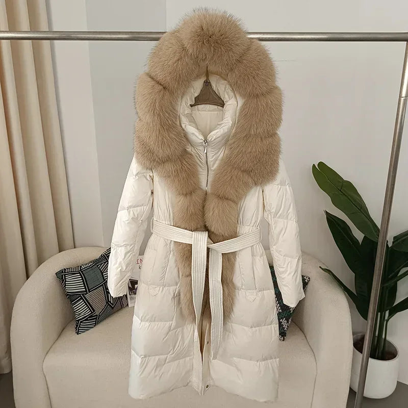 Damen Daunenmantel mit Pelzkapuze und Bindegürtel, gepolstert, lange Winterjacke
