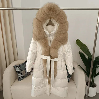 Damen Daunenmantel mit Pelzkapuze und Bindegürtel, gepolstert, lange Winterjacke