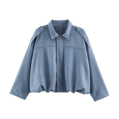 Women's cropped short transition jacket with lapel collar and long sleeves
