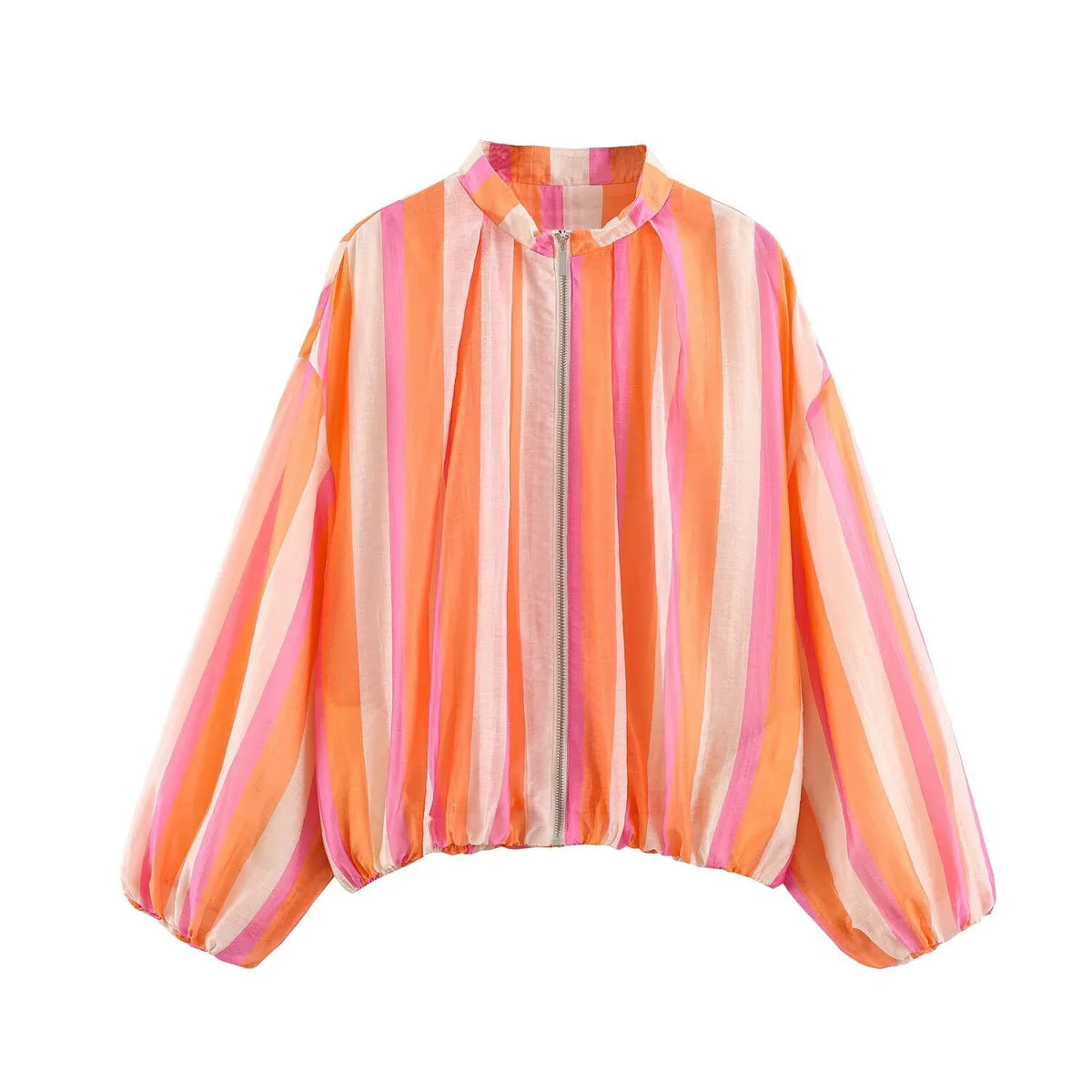 Damen Bluse Jacke Stehkragen Reißverschluss Bauschärmel Gestreift