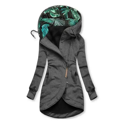 Women's hoodie jacket with leaf-print lining, asymmetrical zipper & drawstring