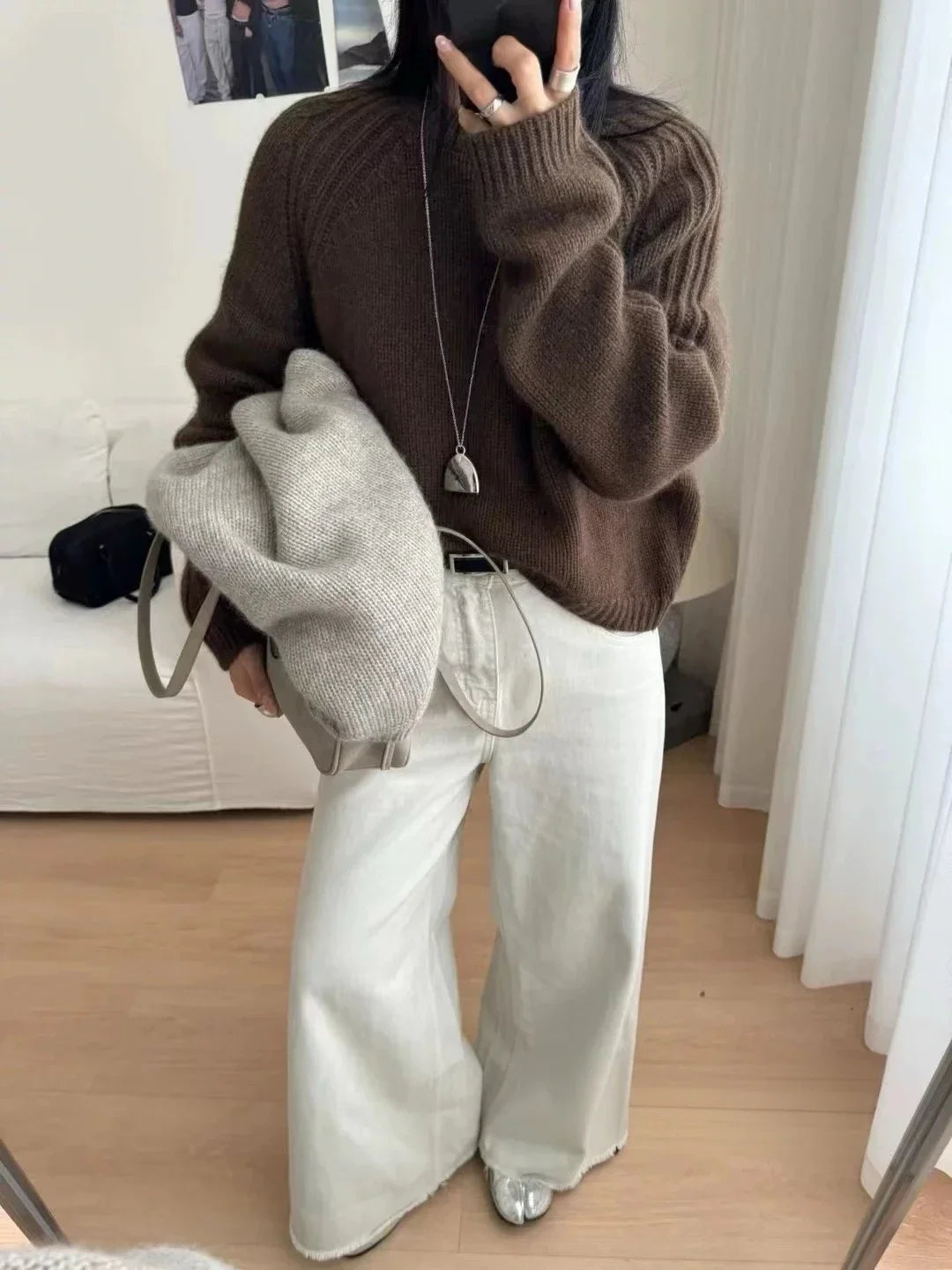 Women's Crew-Neck Knit Sweater with Ribbed Sleeves