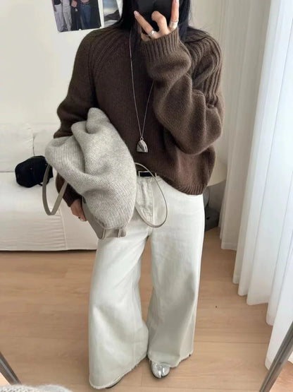 Women's Crew-Neck Knit Sweater with Ribbed Sleeves