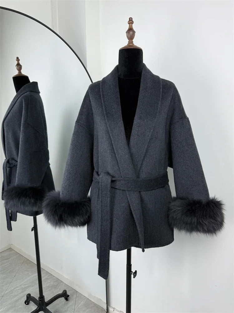 Short women's wrap coat with faux-fur sleeves and tie belt