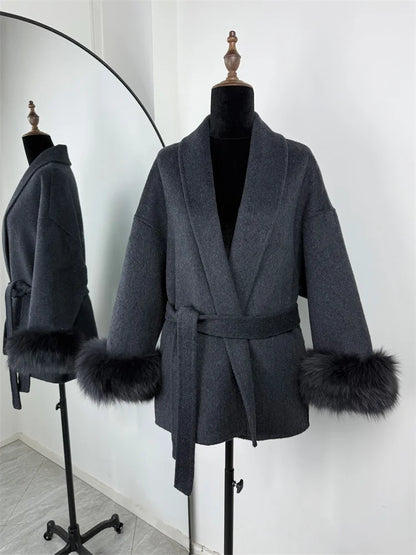 Short women's wrap coat with faux-fur sleeves and tie belt