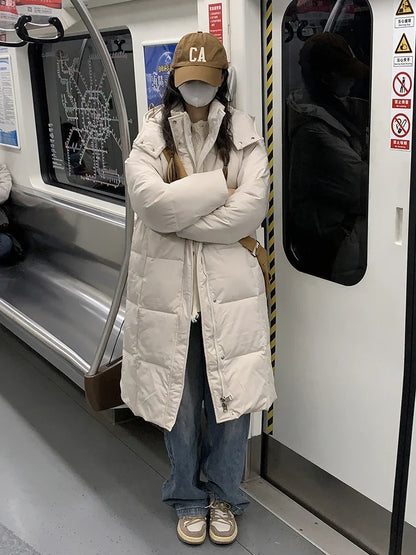 Women's long quilted coat with hood, solid colors