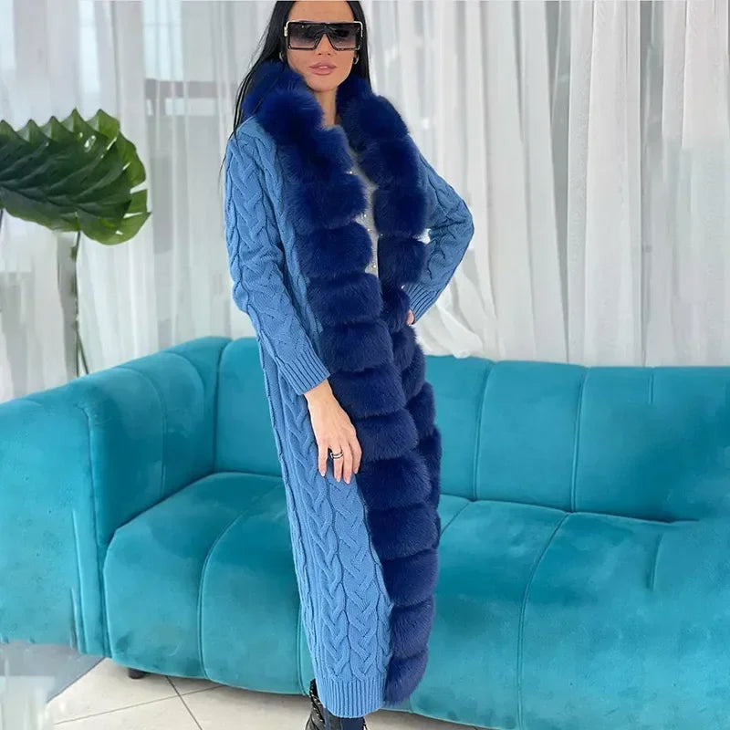 Long Knit Cardigan with Faux Fur Trim and Cable-Knit Pattern in Purple