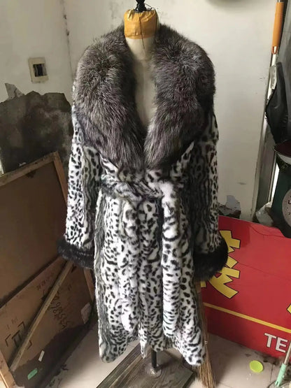 Faux Fur-Effect Winter Coat with Wide Collar and Belt