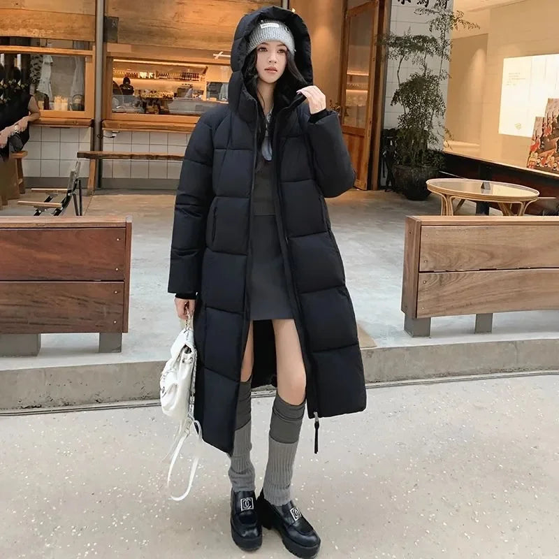 Long quilted coat with hood for women, winter