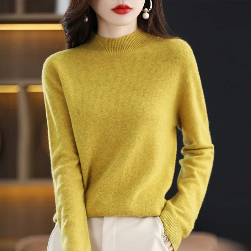 Women's sweater with stand-up collar, long-sleeved, fine-knit basic top