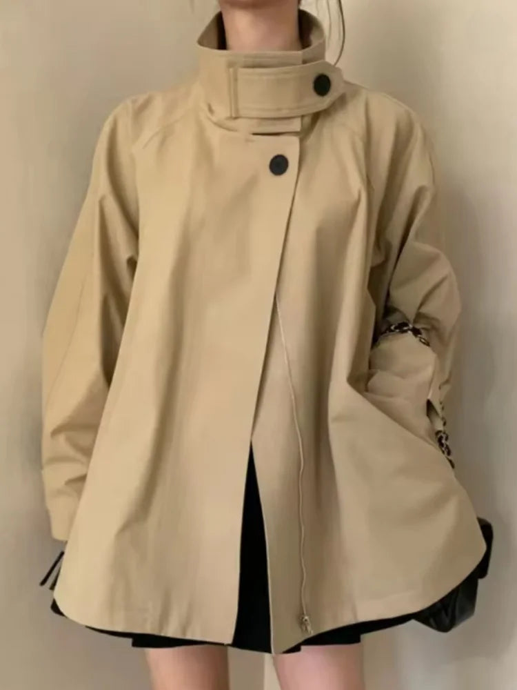 Damen Jacke Kurzer Trenchcoat Stehkragen Oversize khaki