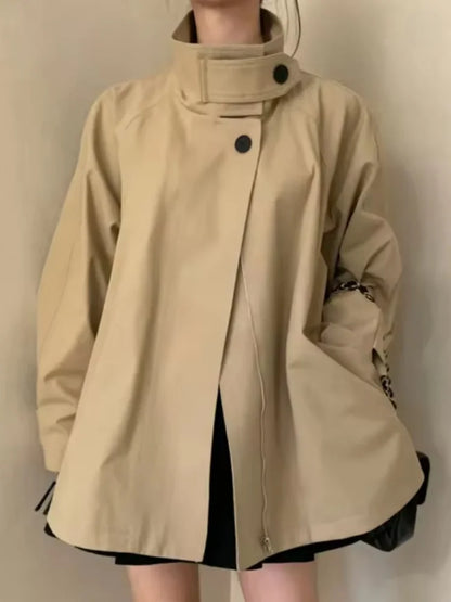 Damen Jacke Kurzer Trenchcoat Stehkragen Oversize khaki