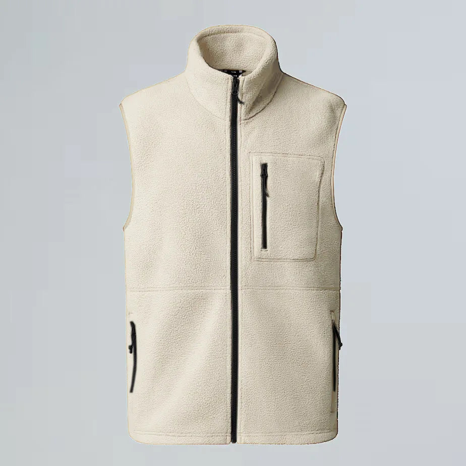 Unisex fleece vest with stand-up collar, zipper, and chest pocket