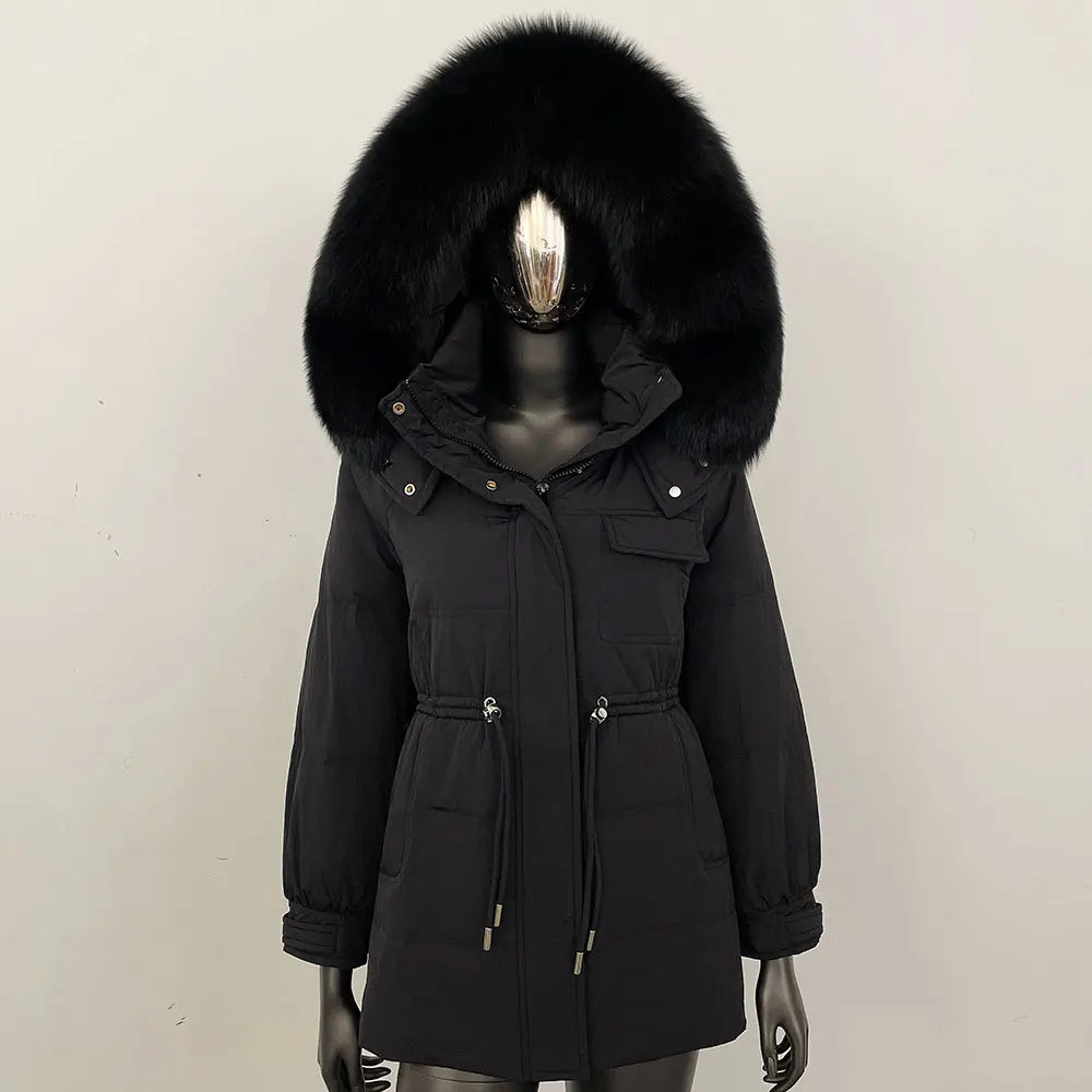 Women's winter parka jacket with fur hood and drawstring waist