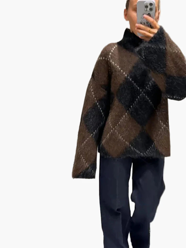 Damen Oversize Strickpullover mit Argyle-Muster – Modischer Freizeit-Look für Herbst und Winter