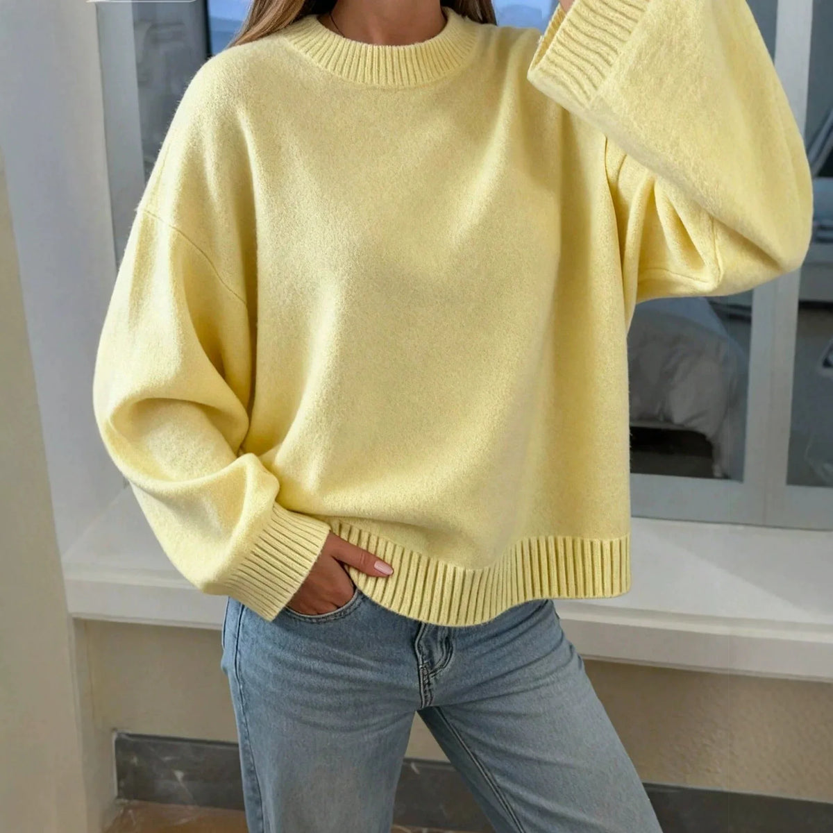 Yellow women's sweater, crew neck, long sleeve, relaxed fit