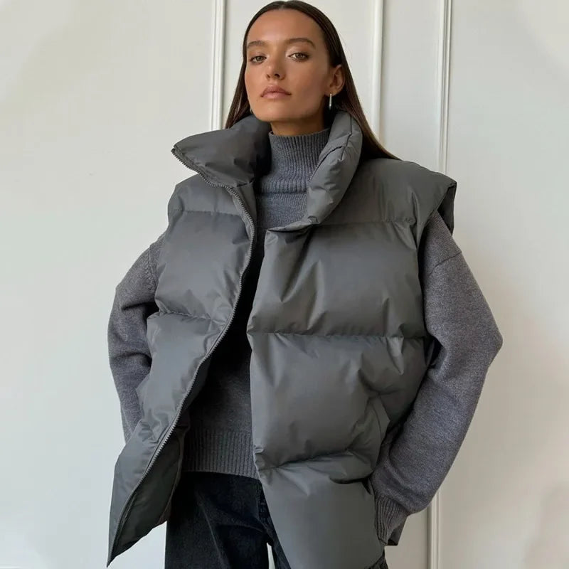 Women's Puffer Vest Stand-Up Collar Gray Black Apricot