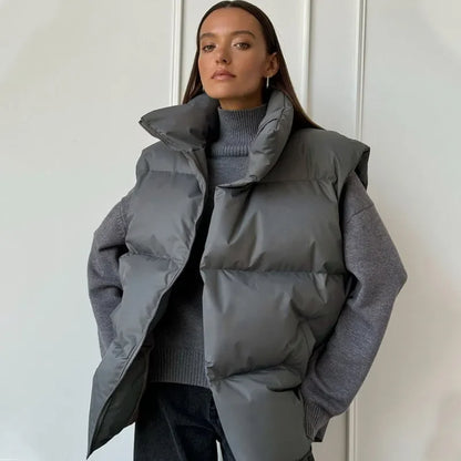 Women's Puffer Vest Stand-Up Collar Gray Black Apricot