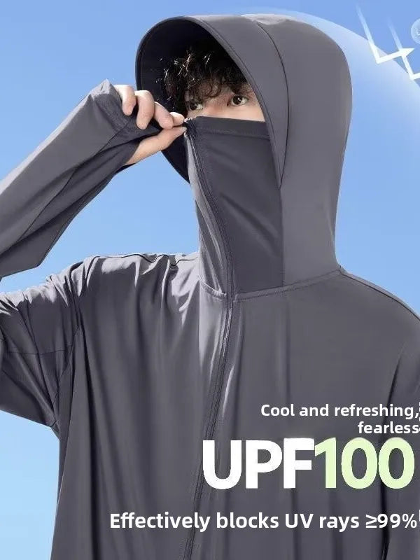 UV-protection jacket with hood and face mask, zipper, for men