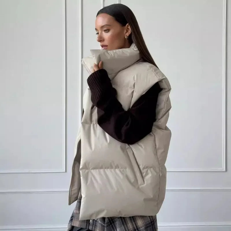 Women's Puffer Vest Stand-Up Collar Gray Black Apricot